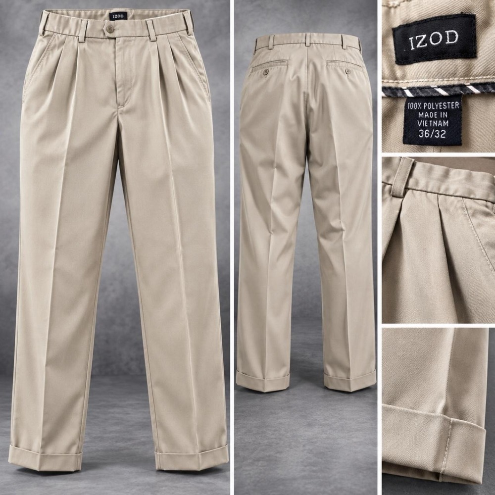 IZOD Pleated Khaki Dress Pants Beige Cuffed Trousers 36x32